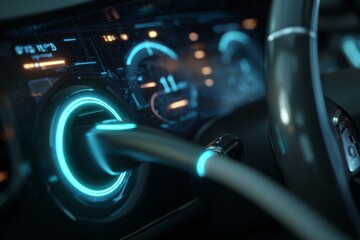 A charging cable is connected to an electric car. The dashboard display shows light indicators that reflect the charging status in a vehicle Generative AI