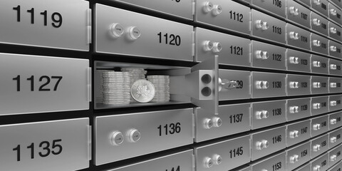 Open Safe Deposit Box with Silver Coins Inside &ndash; Symbol of Wealth and Security, 3d render