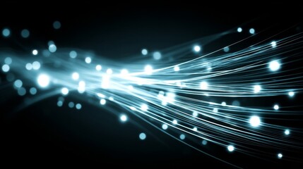 Bundles of Luminous Fiber Optic Cables Transmitting Data With Bright Blue Light Streaks Across a Dark Background.