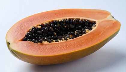 Halved Papaya Fruit with Seeds on White Background.