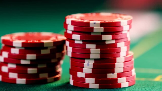 Close-up of red and white chips stacked on a green felt table, creating a gambling scene