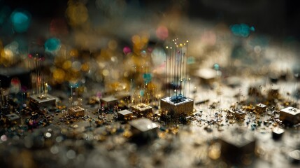 Complex microscopic view of integrated circuit pathways and electronic components, showcasing intricate technology and digital connections.