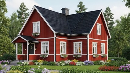 Charming red cottage nestled in a lush garden