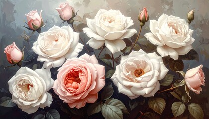 A painting of various rose blossoms, in shades of pink and white, on leafy stems