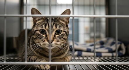 Tabby Cats Hopeful Gaze - Awaiting Adoption in Shelter Cage.
