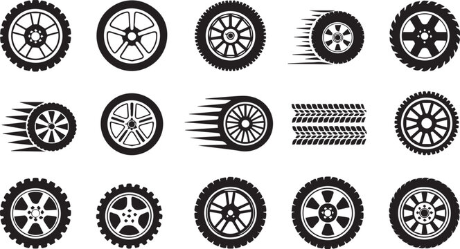 set car wheel icon collection. fast speed wheels symbol tire track texture racing logo design vector illustration
