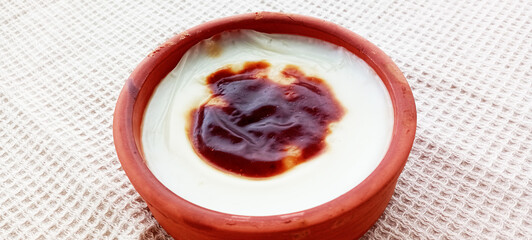 Traditional turkish dessert bakery rice pudding Turkish name Fırın Sutlac in glass bowl