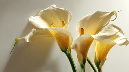 Elegant White Calla Lilies with Yellow Centers Bathed in Soft Light