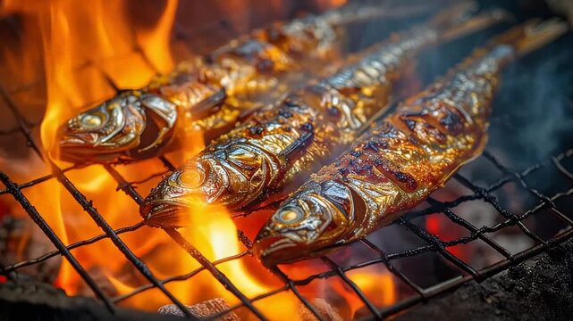 炭火で焼かれる魚が香ばしい皮と身を際立たせる