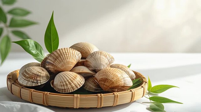 器に盛られた貝が上品で落ち着いた海鮮食材の印象を与える