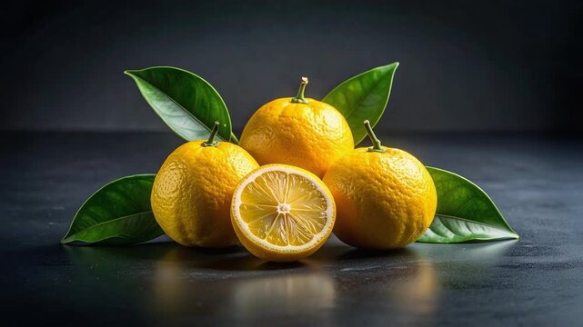 瑞々しいレモンが葉付きで並び爽やかな香りまで伝わる柑橘の静物シーン