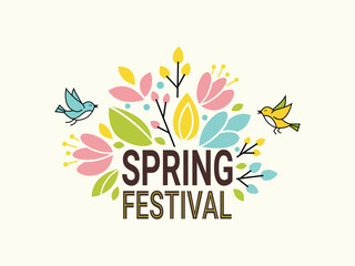 Obraz premium Colorful spring festival emblem with cheerful birds and blooming flowers