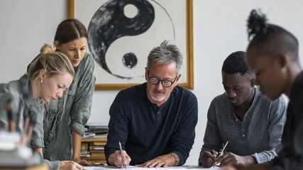 Yin Yang and Collaboration: Diverse group of individuals immersed in a collaborative session, centered around a symbolic Yin Yang representation.