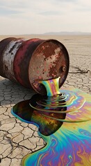 Environmental Disaster - Oil Spill from Rusty Barrel Contaminating Cracked Earth.