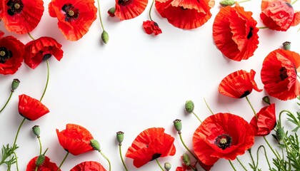 Red poppies arranged around a white space. Bright blooms with buds and green leaves