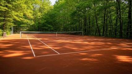 Secluded tennis court nestled in a lush forest