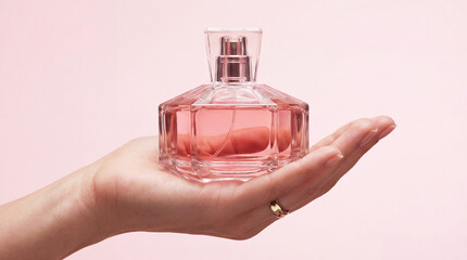 Elegant female hand holds a light pink perfume bottle