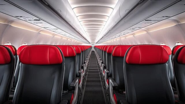 Aisrcraft Interior: View down the aisle of a passenger cabin of commercial aircraft featuring rows of seats. 