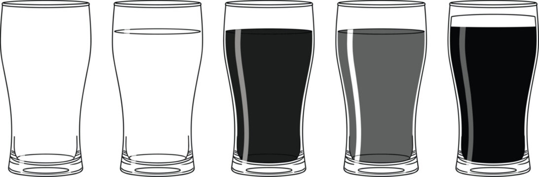 Beer glass vector set showing different fill levels pints and beverage drinkware silhouettes for bar and brewery design