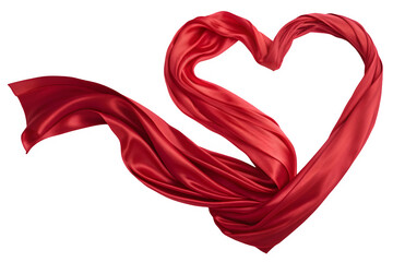 Elegant flowing red silk fabric forms a beautiful heart shape on a black background isolated on transparent background