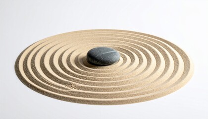 A gray stone sits in center, surrounded by concentric circles raked into sand on white background