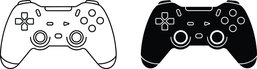 Dual Black and White Outlined Video Game Controllers with Buttons on a White Background © EDA