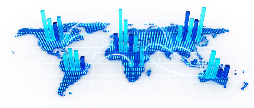 Bar chart on a planisphere background. Financial analysis and market insights worldwide