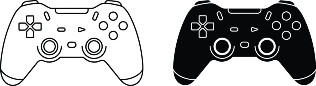 Dual Black and White Outlined Video Game Controllers with Buttons on a White Background