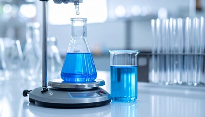 Scientific lab scene with blue liquid in flasks, being measured, with other lab equipment