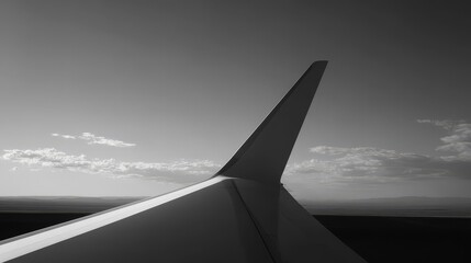 Monochrome view of an airplane's wing and vertical stabilizer against the sky during flight