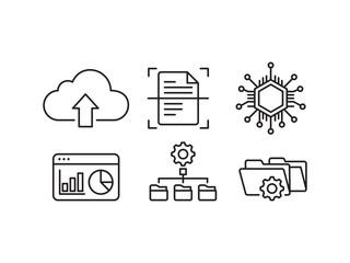 AI Document Automation Workflow Line Icons Set &ndash; Cloud Upload, OCR Scanning, Data Processing, System Integration, Dashboard Analytics