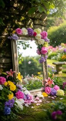 Mirror Surrounded by Flowers in a Lush Garden Setting.