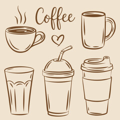 Obraz premium Coffee Line Art Set | Hand Drawn Coffee Cups & Takeaway Drinks