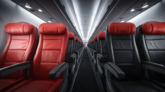 Aisle of Comfort: An inviting view inside an aircraft, showcasing a row of plush, inviting seats, a serene scene.