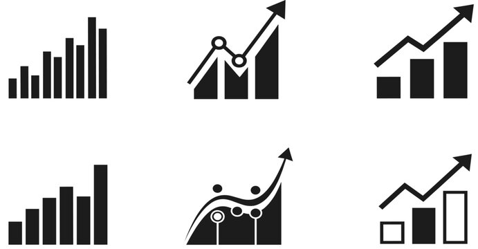 Data growth chart collection featuring black vector icons of various bar graphs and line charts with upward arrows for business success infographics.