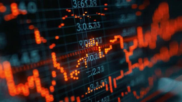 Market Volatility: A close-up view of a digital display, showcasing the sharp fluctuations and trends in the market data, with striking red lines and numbers.