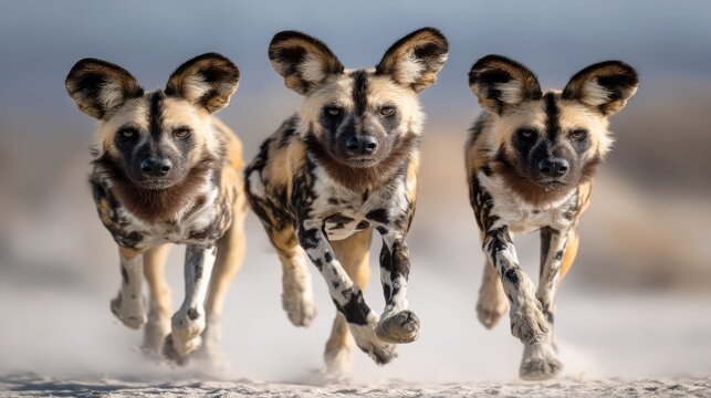 Three African Wild Dogs in Coordinated Pursuit Across a Dusty Savannah Landscape