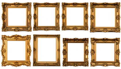 Eight ornate, gold picture frames arranged in two rows of four, each with empty, white centers