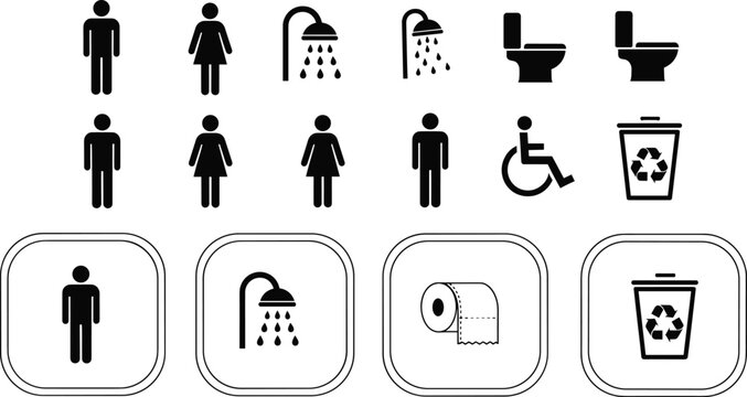 Restroom icon collection featuring black and white vector designs of male female figures shower toilets paper rolls and recycling bins for signage.