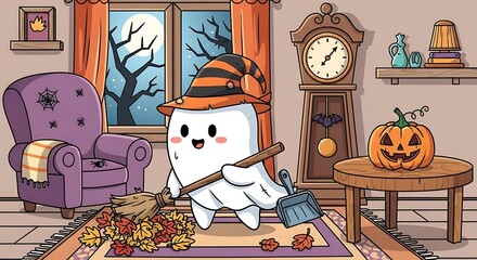 Cute Ghost Sweeping Leaves in a Cozy Halloween Room.