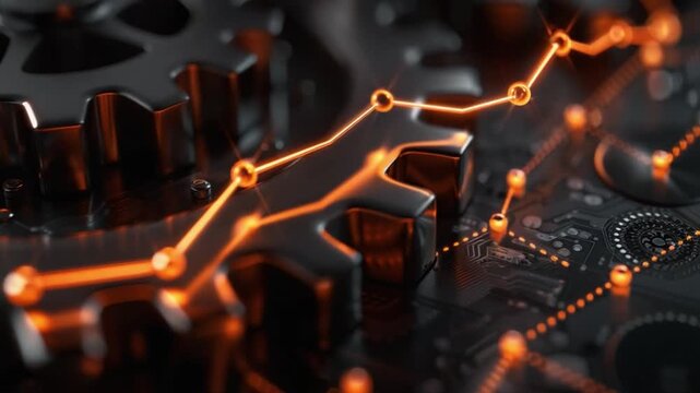 Tech Gears and Growth: An abstract digital image of interlocking metal gears and a glowing growth graph, symbolizing innovation, progress, and technological advancement.