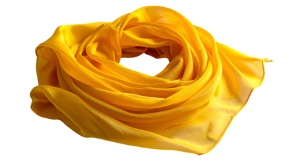 A vibrant yellow scarf, swirling and soft, isolated against a black background