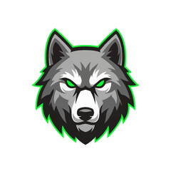 Intense Wolf Head Mascot with Glowing Green Eyes.