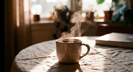 Fototapeta premium Close-up of a ceramic coffee mug on a linen cloth with rising steam in sunlight