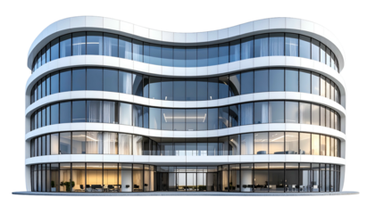 Modern curved glass and white office building with multiple stories and open design
