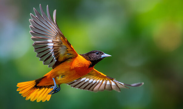 Vibrant Baltimore Oriole Bird in Mid-Air Flight with Wings Spread Against a Blurred Green Background