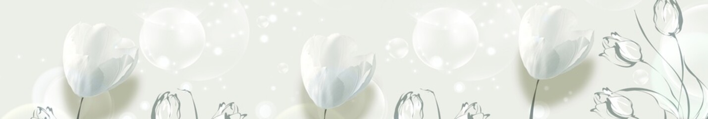 White tulips floral header with bokeh effects and hand drawn outlines on soft grey background