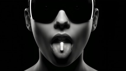 Black and White Close Up Woman in Sunglasses Holding Capsule Pill on Tongue