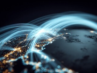 Glowing arcs depict global data flow, circling Earth, connecting cities at night
