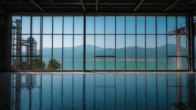 A Panoramic View: The spacious interior frames a breathtaking panorama of a serene lake and distant mountains, viewed through expansive windows, blending architecture with the tranquility of nature.